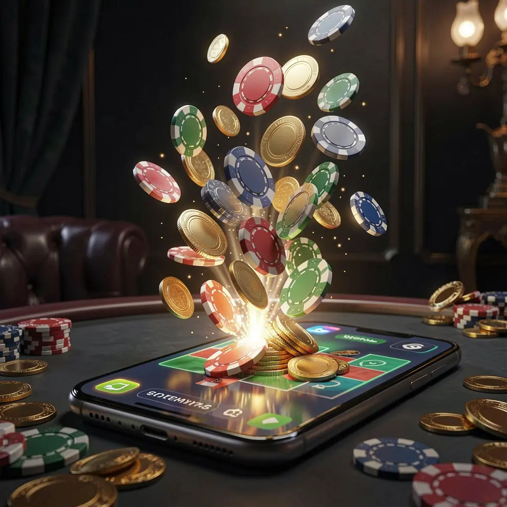 GO6 online gaming app displayed on a smartphone screen with glowing casino chips and coins emerging, set against a luxury dark background with cinematic lighting in a high detail 3D render GO6 online gaming app displayed on a smartphone screen with glowing casino chips and coins emerging, set against a luxury dark background with cinematic lighting in a high detail 3D render
