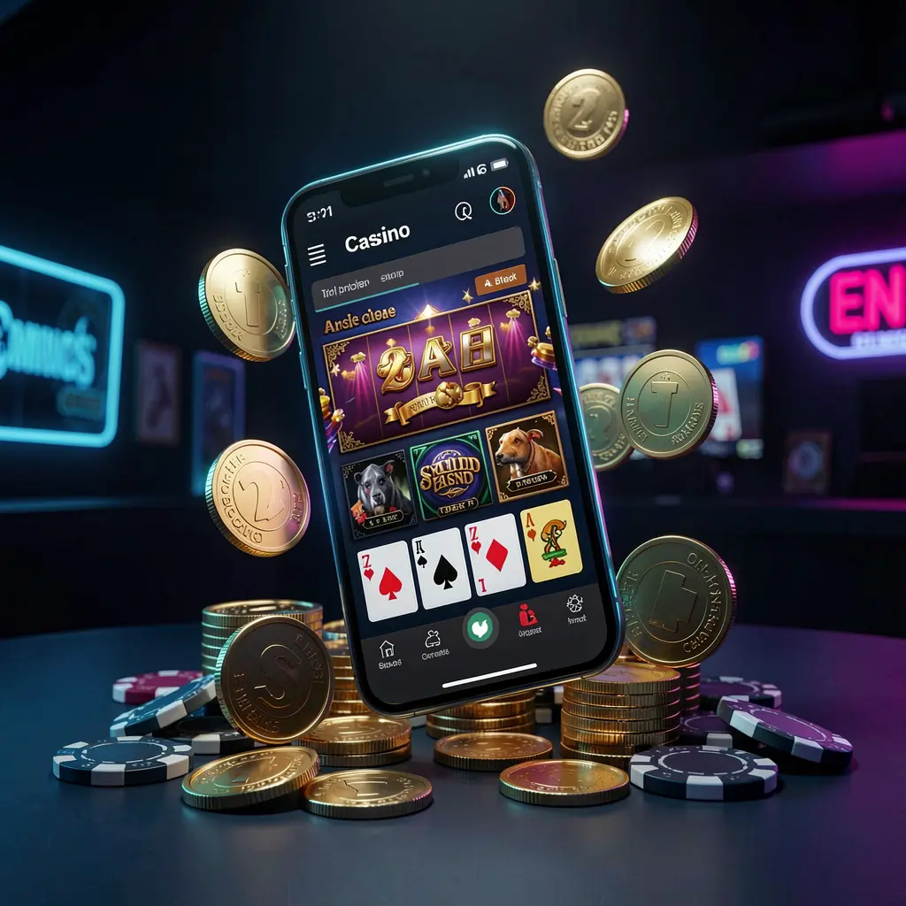 GO6 online casino app promotion banner showing a phone floating above golden coins and poker chips with a dark blue and black background and cinematic neon glow in a realistic 3D render GO6 online casino app promotion banner showing a phone floating above golden coins and poker chips with a dark blue and black background and cinematic neon glow in a realistic 3D render
