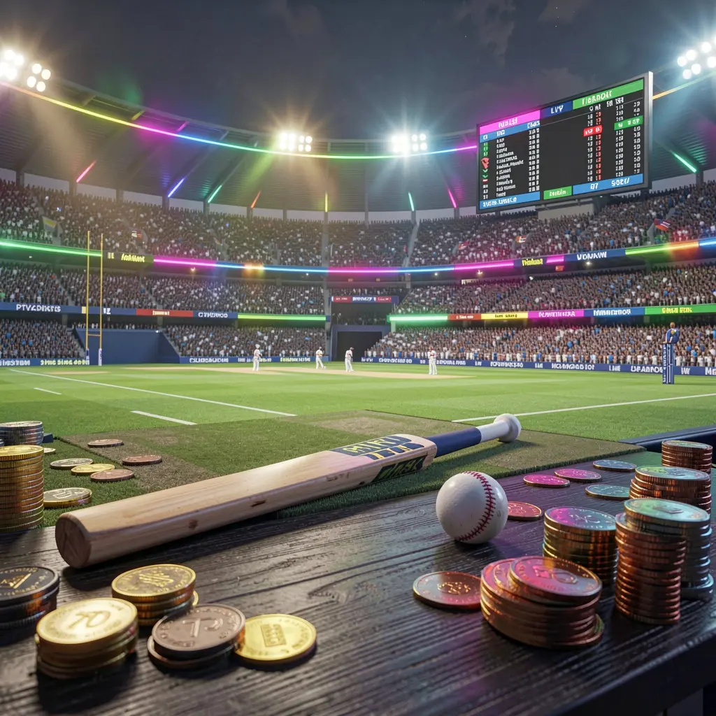 GO6 cricket sportsbook scene showing a packed cricket stadium with a green field, bat and ball, digital live odds panels, coins, and neon lighting in a cinematic 3D render