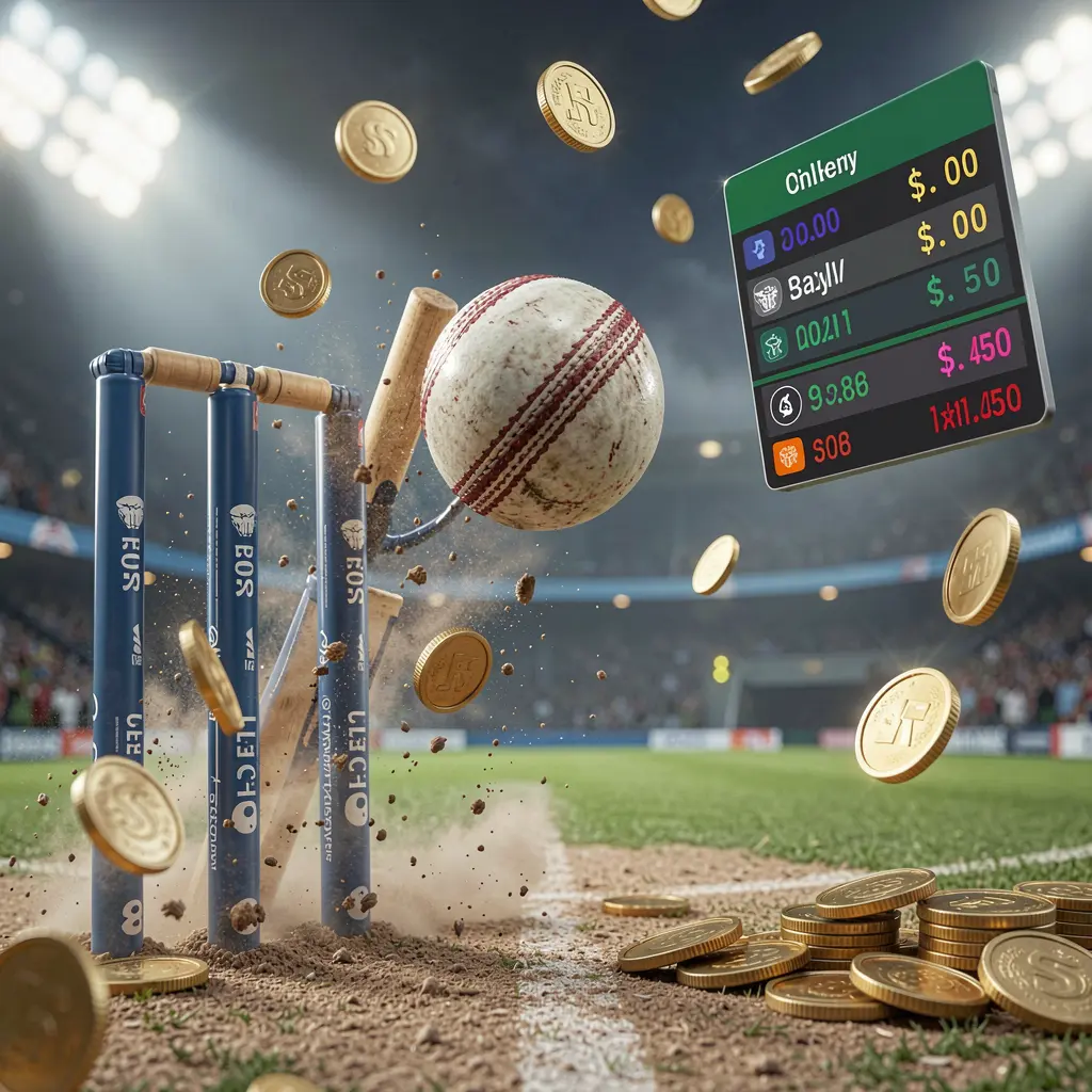 GO6 cricket match betting banner showing a cricket ball hitting the wickets with dynamic motion under stadium lights, featuring a floating odds interface and coins in a premium sports atmosphere