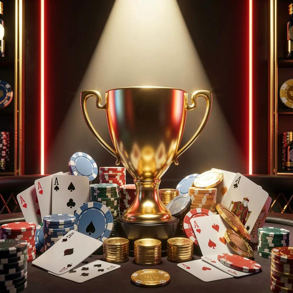 GO6 casino tournament bonus concept featuring a golden trophy surrounded by poker chips, playing cards, and coins under a bright spotlight in a competitive luxury casino atmosphere with dark background and red and gold neon accents