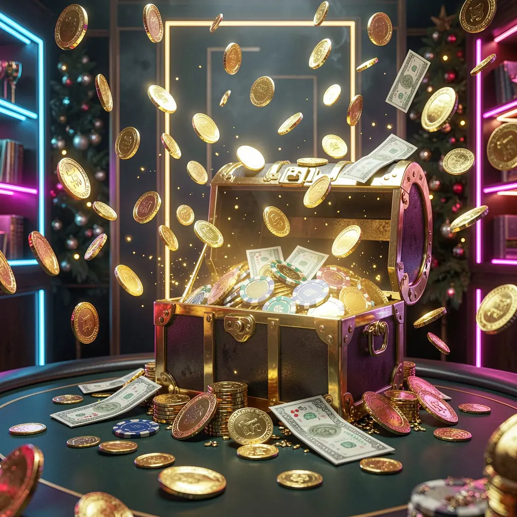 GO6 premium online casino bonus hero banner featuring golden coins flying in the air and a glowing treasure chest full of chips and cash against a luxury dark background with neon accents in an elegant casino style