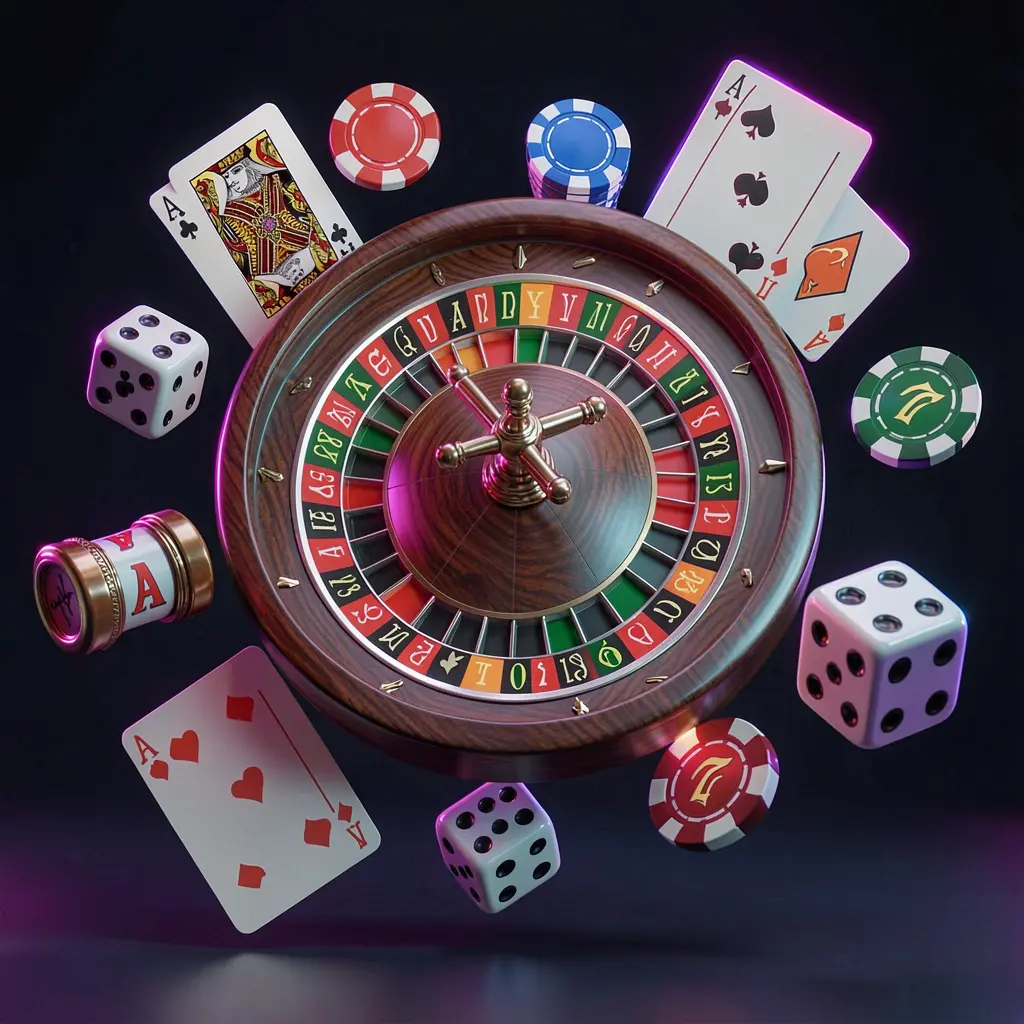 GO6 online casino games collection featuring a neon glowing roulette wheel, blackjack cards, dice, slot symbols, and poker chips floating together in a premium 3D render GO6 online casino games collection featuring a neon glowing roulette wheel, blackjack cards, dice, slot symbols, and poker chips floating together in a premium 3D render