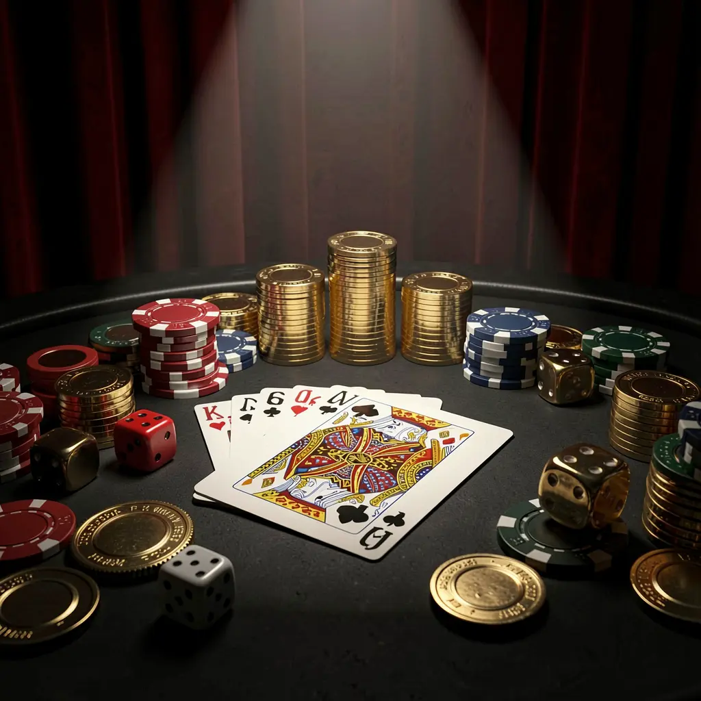 GO6 casino table featuring a royal flush hand with poker chips, golden coins, and dice on a luxury black and red background under a dramatic spotlight in a realistic 3D render GO6 casino table featuring a royal flush hand with poker chips, golden coins, and dice on a luxury black and red background under a dramatic spotlight in a realistic 3D render