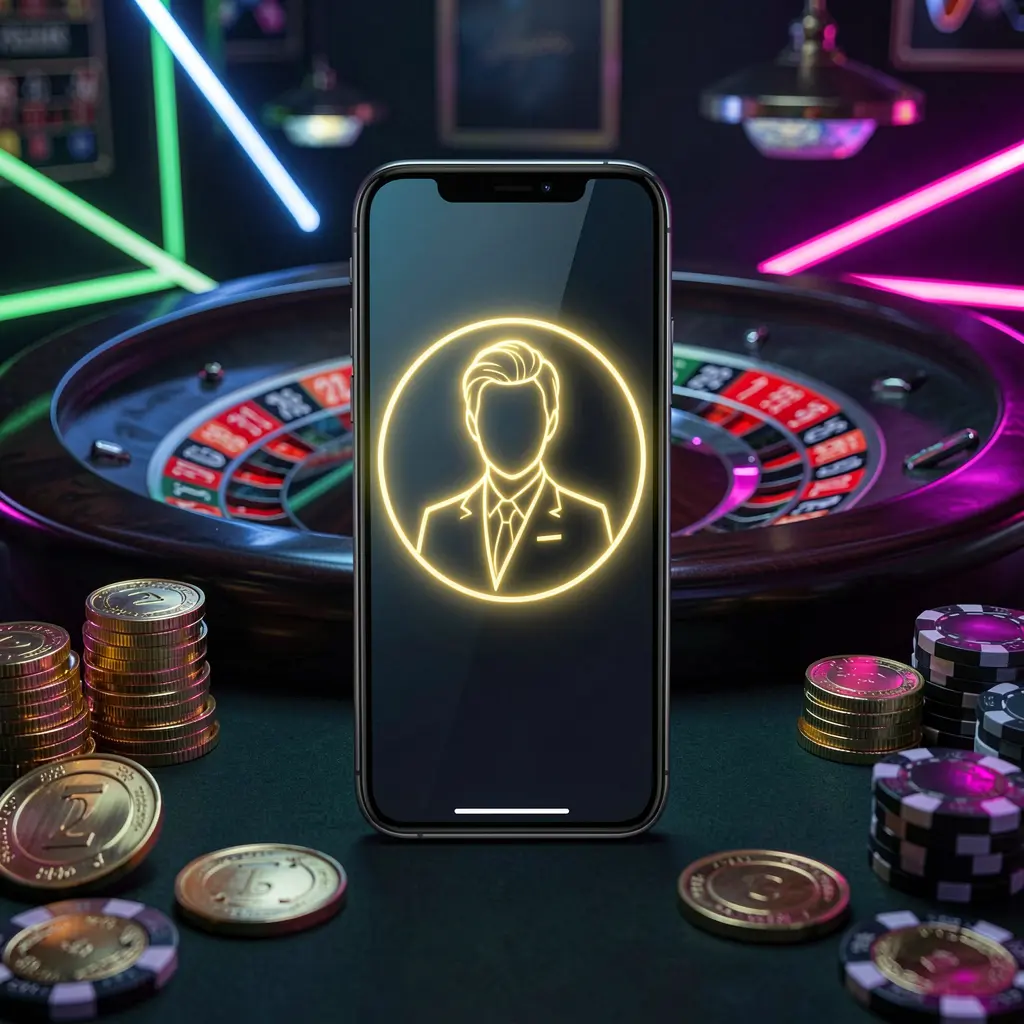 GO6 online casino login hero image featuring a modern phone with glowing profile icon, roulette lights in the background, and golden coins and poker chips in a premium dark neon atmosphere