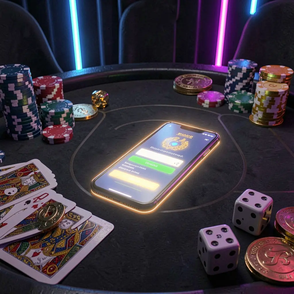 GO6 casino account sign in scene with a glowing smartphone on a casino table surrounded by cards, chips, dice, and gold coins against an elegant dark background with neon highlights