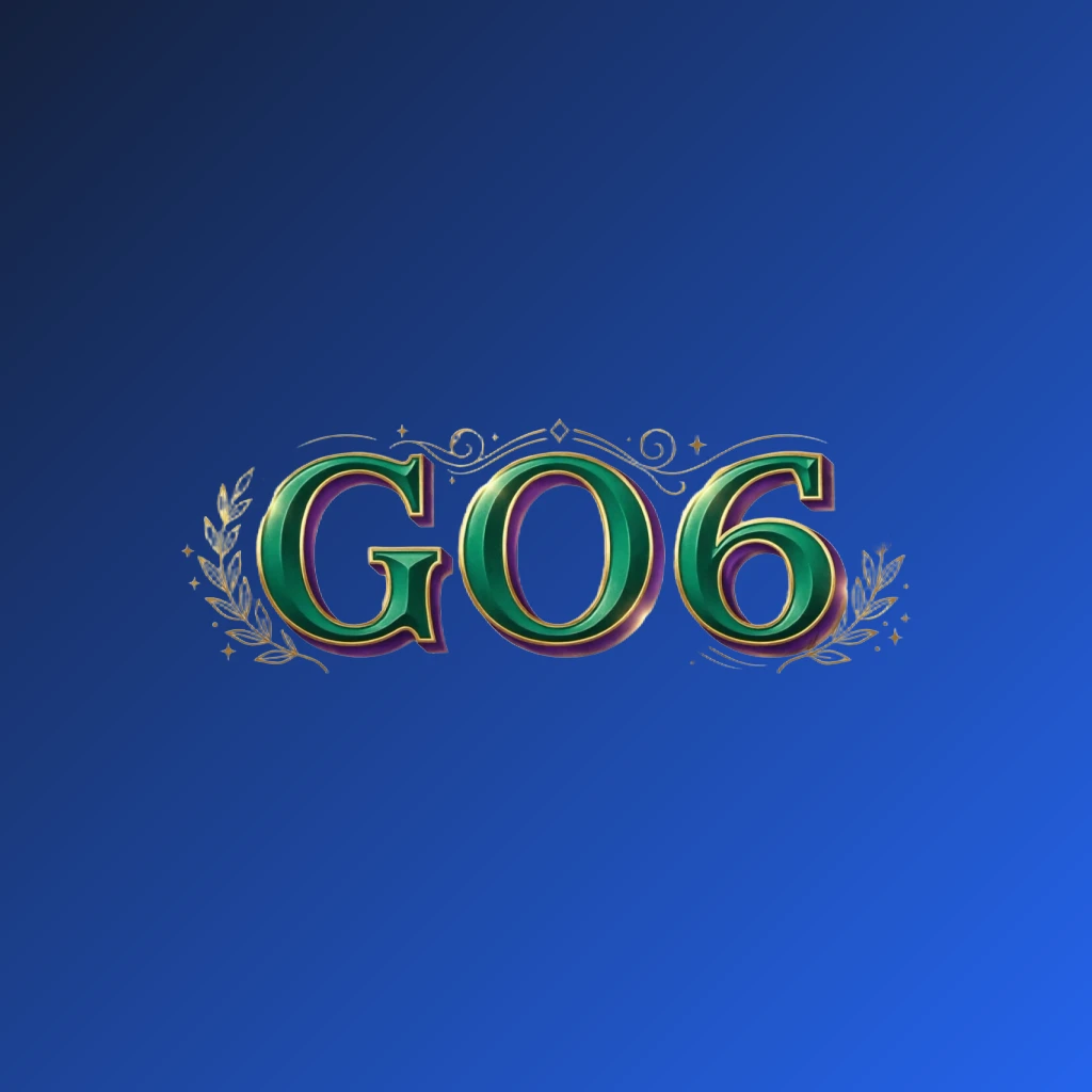 Luxury colorful GO6 logo with bold serif typography in rich emerald, violet, and gold palette featuring elegant glowing ornaments on a transparent background, designed as a horizontal rectangular wordmark for a premium brand identity Luxury colorful GO6 logo with bold serif typography in rich emerald, violet, and gold palette featuring elegant glowing ornaments on a transparent background, designed as a horizontal rectangular wordmark for a premium brand identity