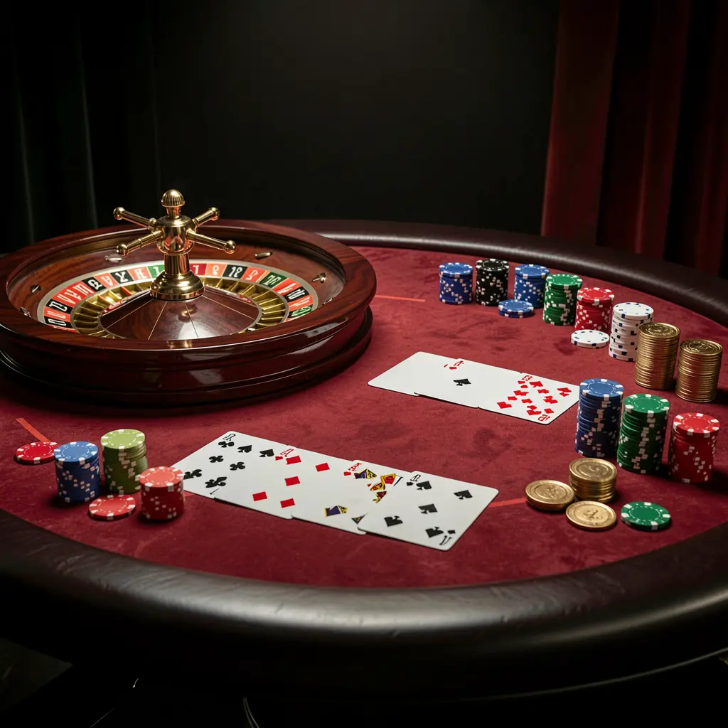 GO6 online casino platform hero image featuring an elegant gaming table with roulette wheel, blackjack cards, poker chips, and coins under luxury cinematic lighting with a black and red background GO6 online casino platform hero image featuring an elegant gaming table with roulette wheel, blackjack cards, poker chips, and coins under luxury cinematic lighting with a black and red background